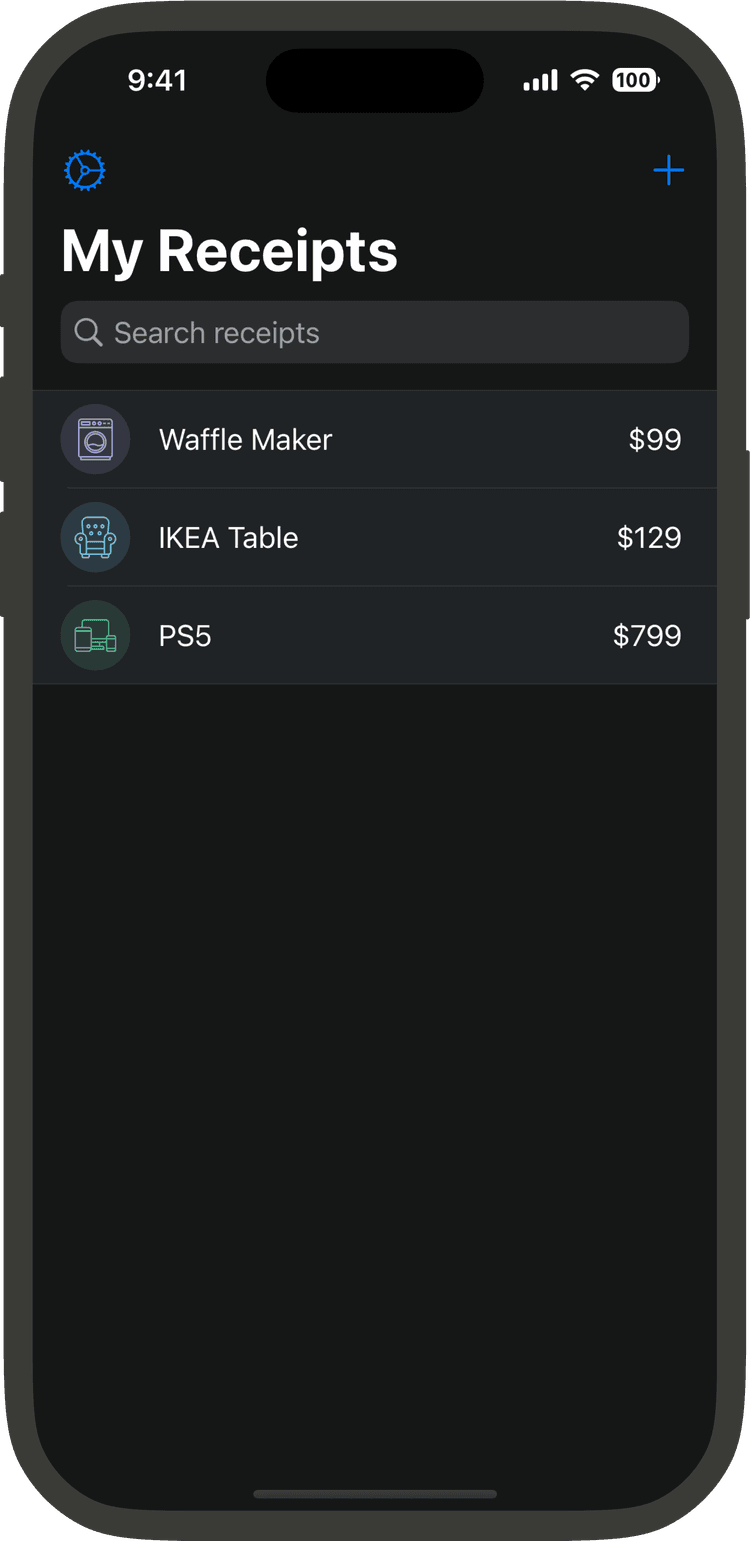 Screenshot of ReceiptSafe app